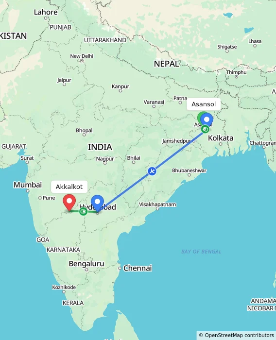 Route map showing distance and travel time from Asansol, India to Akkalkot, India