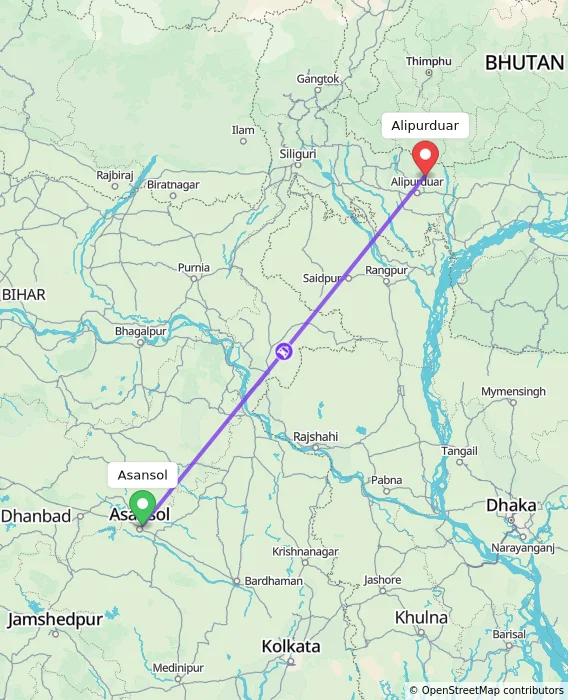 Route map showing distance and travel time from Asansol, India to Alipurduar, India