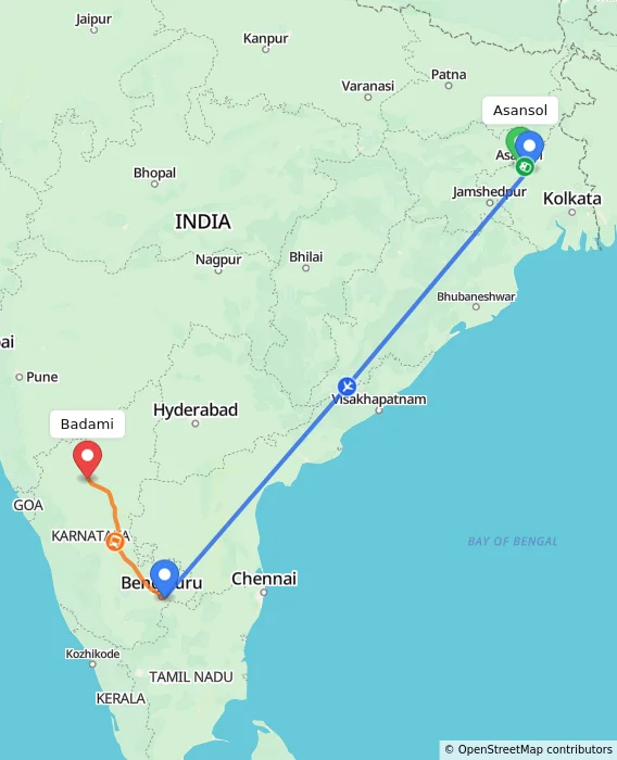 Route map showing distance and travel time from Asansol, India to Badami, India
