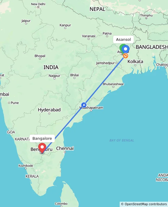 Route map showing distance and travel time from Asansol, India to Bangalore, India