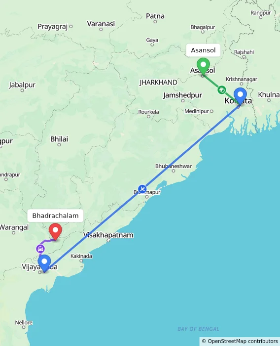 Route map showing distance and travel time from Asansol, India to Bhadrachalam, India