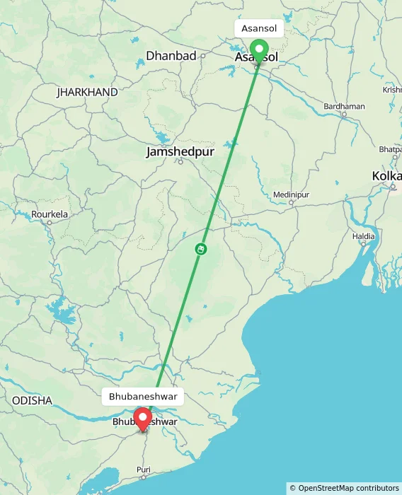 Route map showing distance and travel time from Asansol, India to Bhubaneshwar, India