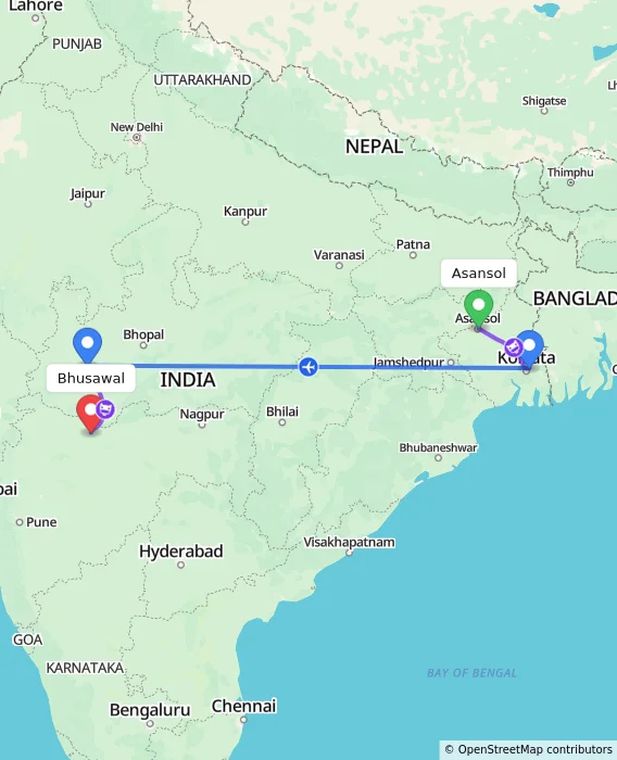 Route map showing distance and travel time from Asansol, India to Bhusawal, India