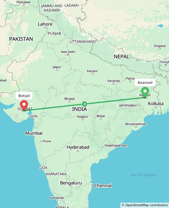 Route map showing distance and travel time from Asansol, India to Botad, India