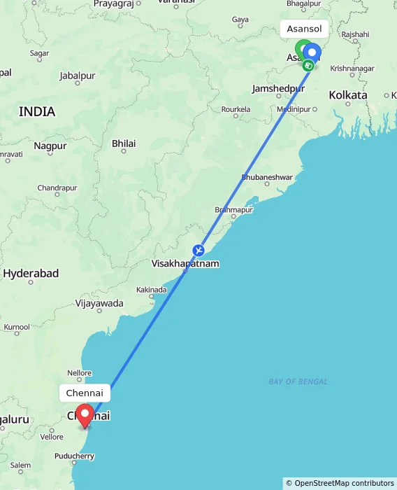 Route map showing distance and travel time from Asansol, India to Chennai, India