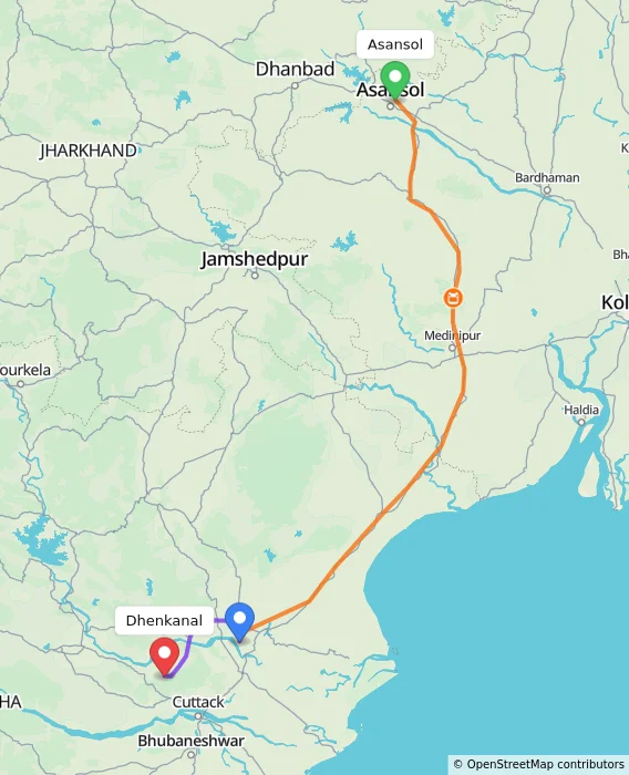 Route map showing distance and travel time from Asansol, India to Dhenkanal, India