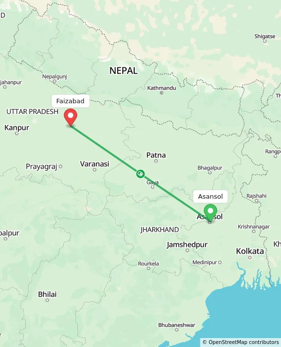 Route map showing distance and travel time from Asansol, India to Faizabad, India