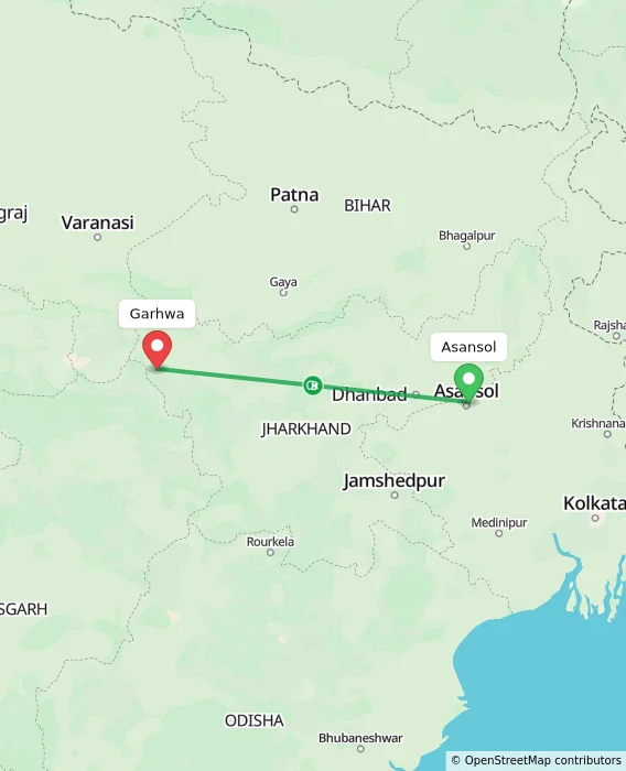 Route map showing distance and travel time from Asansol, India to Garhwa, India