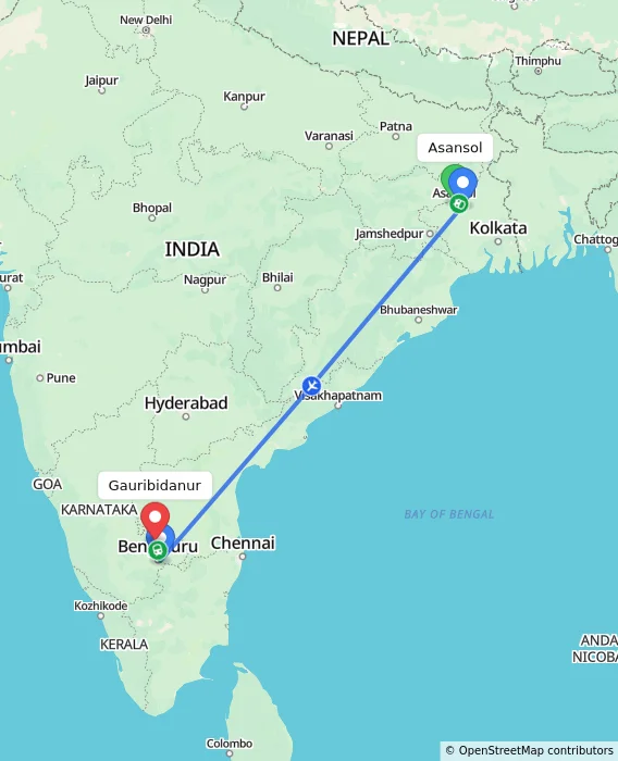 Route map showing distance and travel time from Asansol, India to Gauribidanur, India