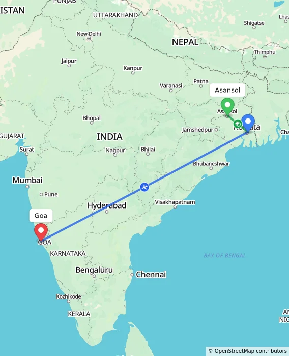 Route map showing distance and travel time from Asansol, India to Goa, India