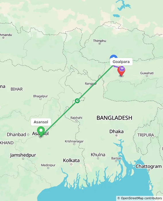 Route map showing distance and travel time from Asansol, India to Goalpara, India