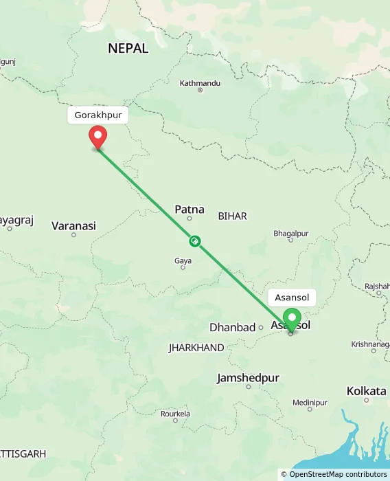 Route map showing distance and travel time from Asansol, India to Gorakhpur, India