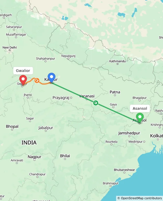 Route map showing distance and travel time from Asansol, India to Gwalior, India