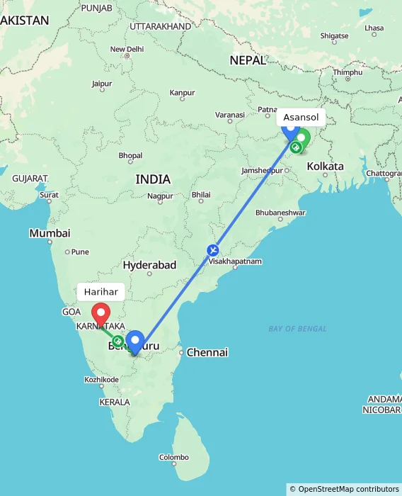 Route map showing distance and travel time from Asansol, India to Harihar, India