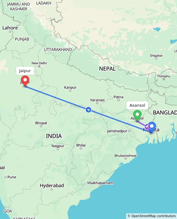 Route map showing distance and travel time from Asansol, India to Jaipur, India