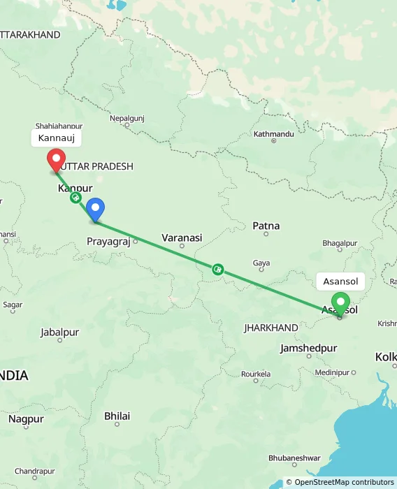 Route map showing distance and travel time from Asansol, India to Kannauj, India