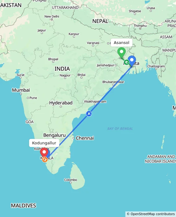 Route map showing distance and travel time from Asansol, India to Kodungallur, India
