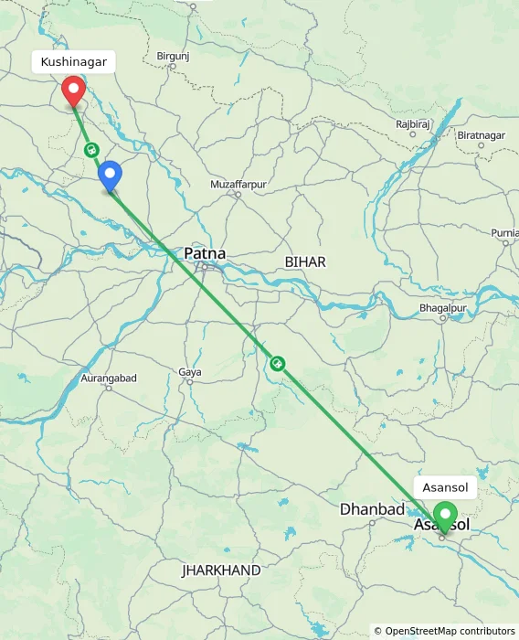 Route map showing distance and travel time from Asansol, India to Kushinagar, India