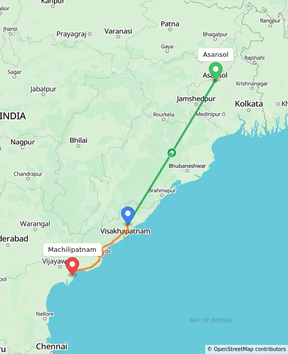 Route map showing distance and travel time from Asansol, India to Machilipatnam, India