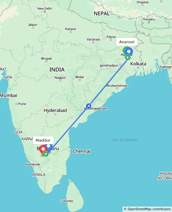 Route map showing distance and travel time from Asansol, India to Maddur, India