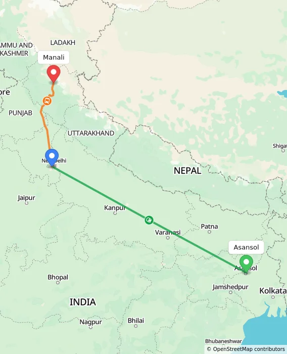 Route map showing distance and travel time from Asansol, India to Manali, India
