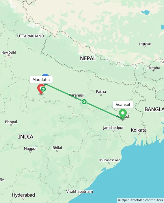 Route map showing distance and travel time from Asansol, India to Maudaha, India