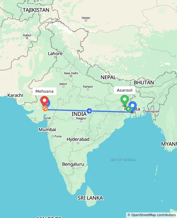 Route map showing distance and travel time from Asansol, India to Mehsana, India
