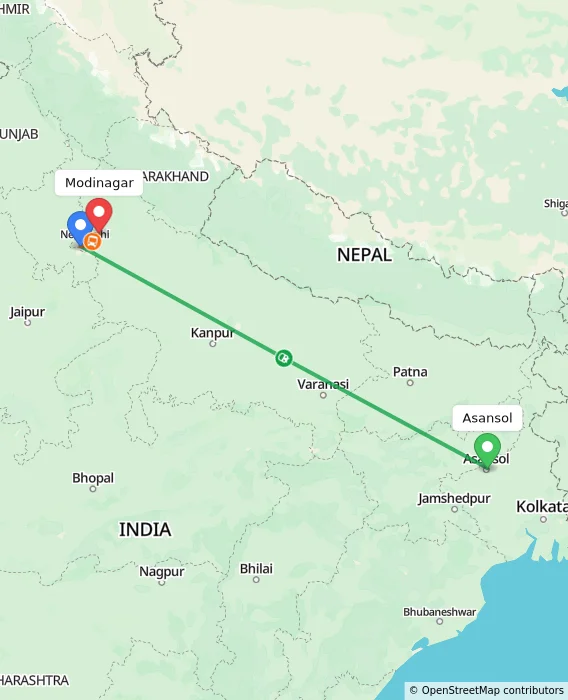 Route map showing distance and travel time from Asansol, India to Modinagar, India