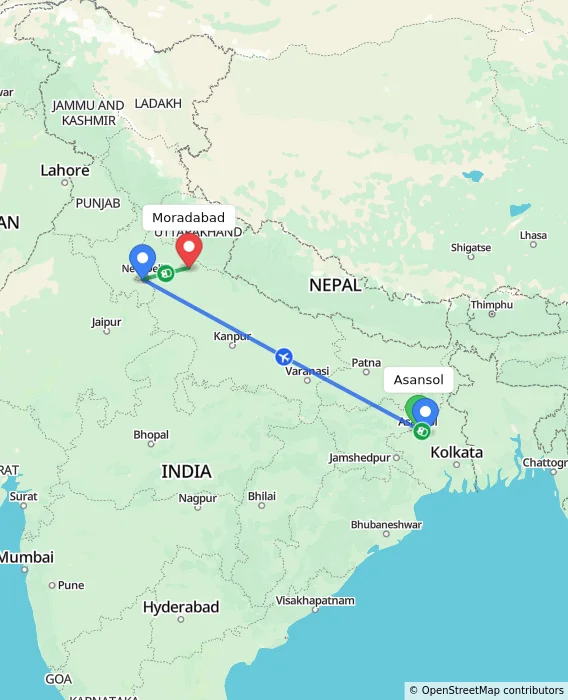 Route map showing distance and travel time from Asansol, India to Moradabad, India