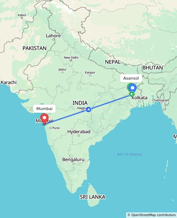 Route map showing distance and travel time from Asansol, India to Mumbai, India