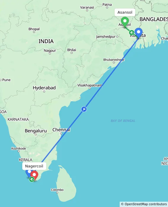 Route map showing distance and travel time from Asansol, India to Nagercoil, India