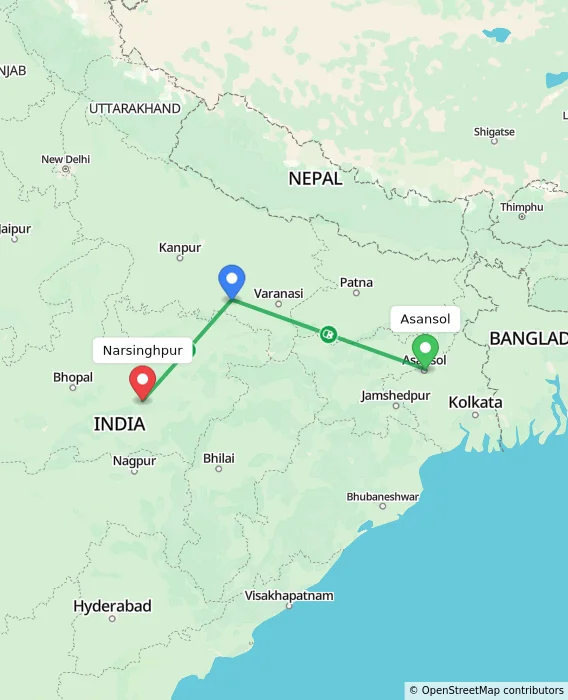 Route map showing distance and travel time from Asansol, India to Narsinghpur, India