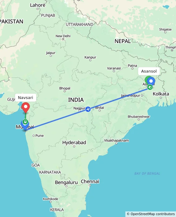 Route map showing distance and travel time from Asansol, India to Navsari, India