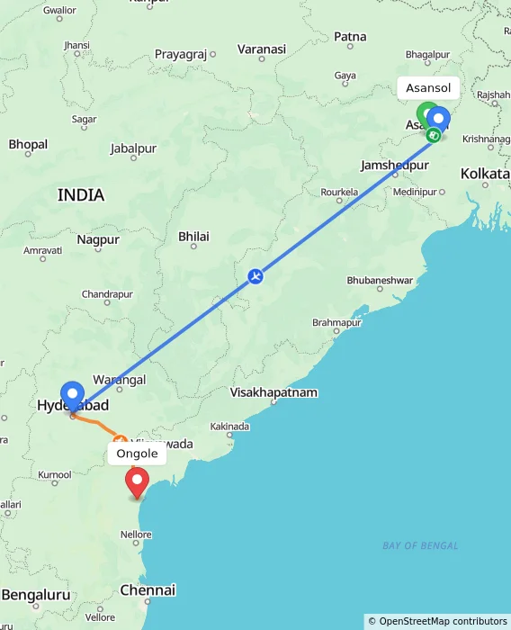 Route map showing distance and travel time from Asansol, India to Ongole, India