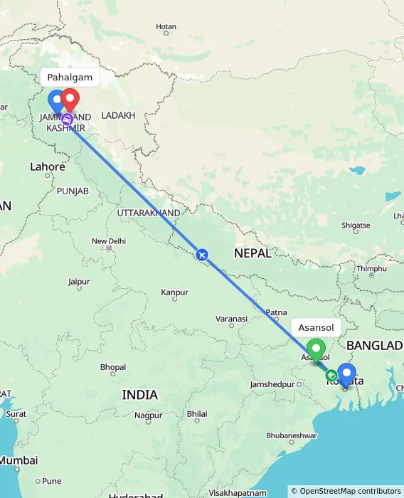 Route map showing distance and travel time from Asansol, India to Pahalgam, India