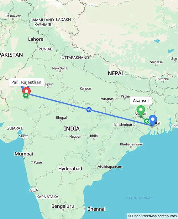 Route map showing distance and travel time from Asansol, India to Pali, Rajasthan, India