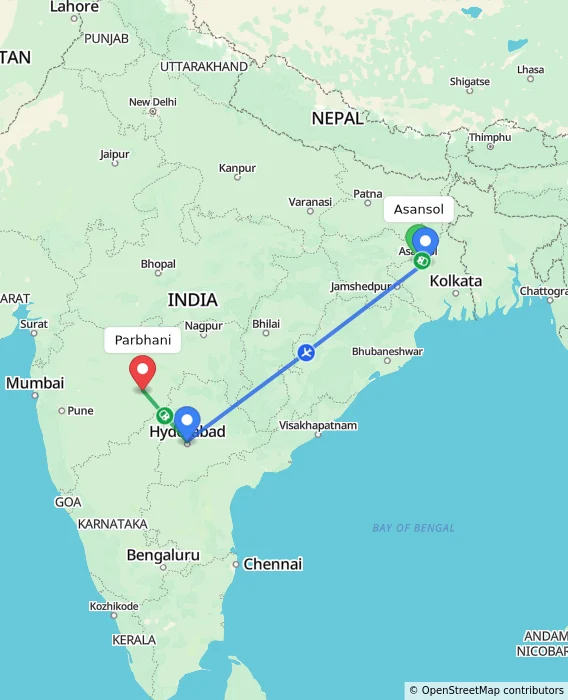 Route map showing distance and travel time from Asansol, India to Parbhani, India