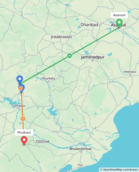 Route map showing distance and travel time from Asansol, India to Phulbani, India
