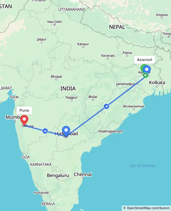 Route map showing distance and travel time from Asansol, India to Pune, India