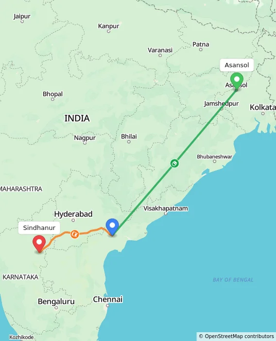 Route map showing distance and travel time from Asansol, India to Sindhanur, India