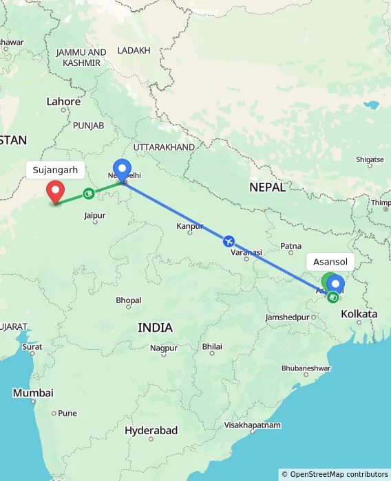 Route map showing distance and travel time from Asansol, India to Sujangarh, India