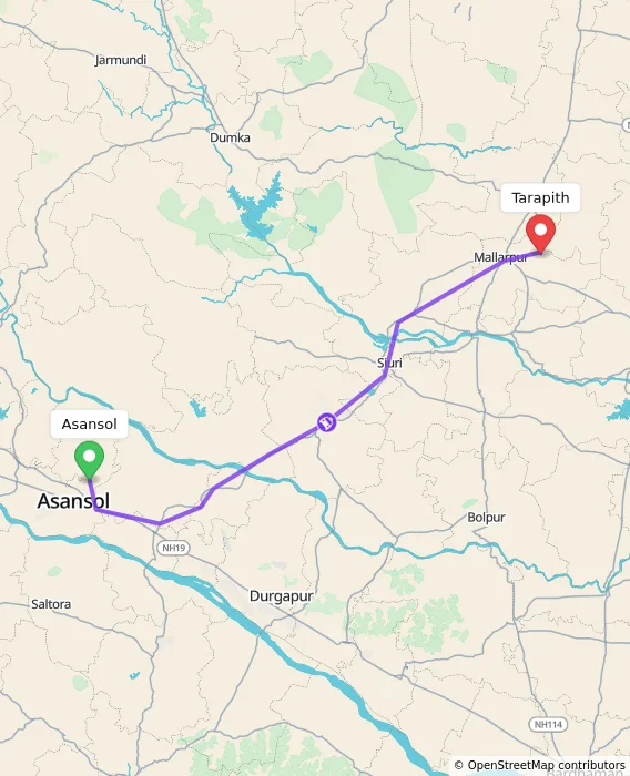 Route map showing distance and travel time from Asansol, India to Tarapith, India