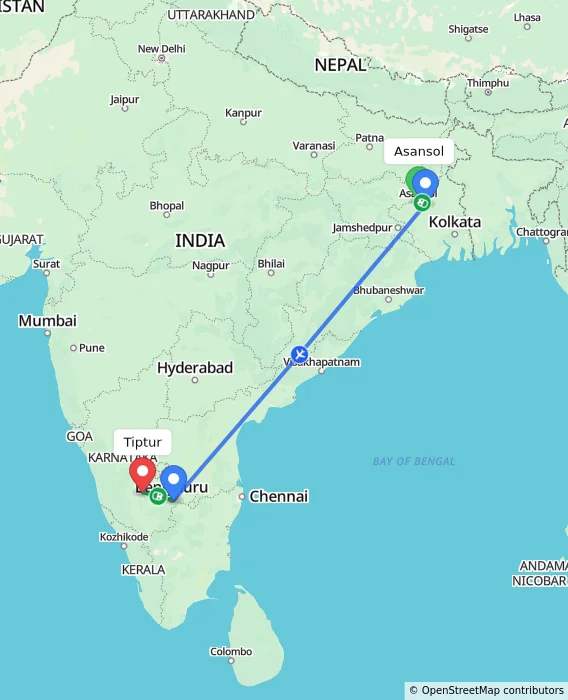 Route map showing distance and travel time from Asansol, India to Tiptur, India
