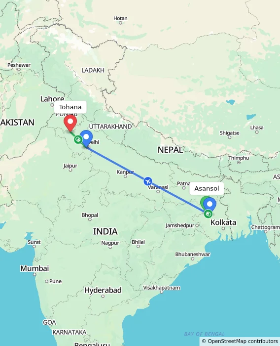 Route map showing distance and travel time from Asansol, India to Tohana, India