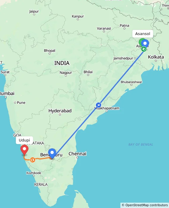 Route map showing distance and travel time from Asansol, India to Udupi, India