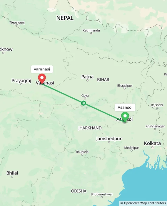 Route map showing distance and travel time from Asansol, India to Varanasi, India