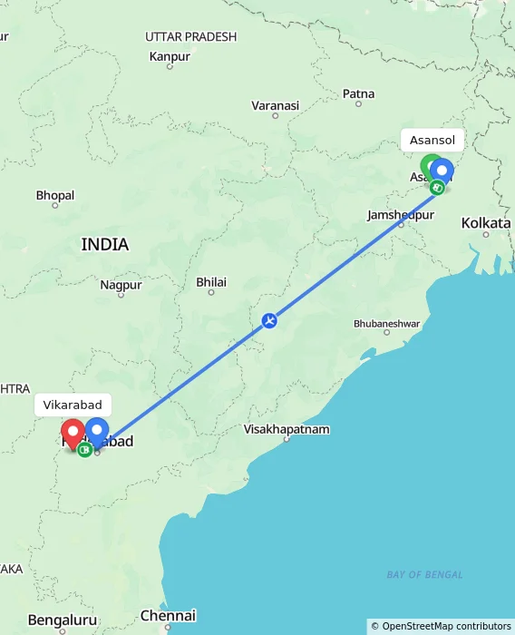Route map showing distance and travel time from Asansol, India to Vikarabad, India