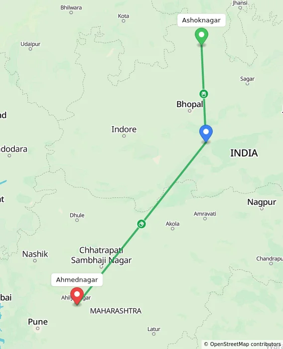 Route map showing distance and travel time from Ashoknagar, India to Ahmednagar, India