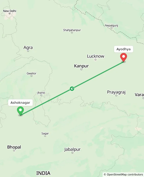 Route map showing distance and travel time from Ashoknagar, India to Ayodhya, India
