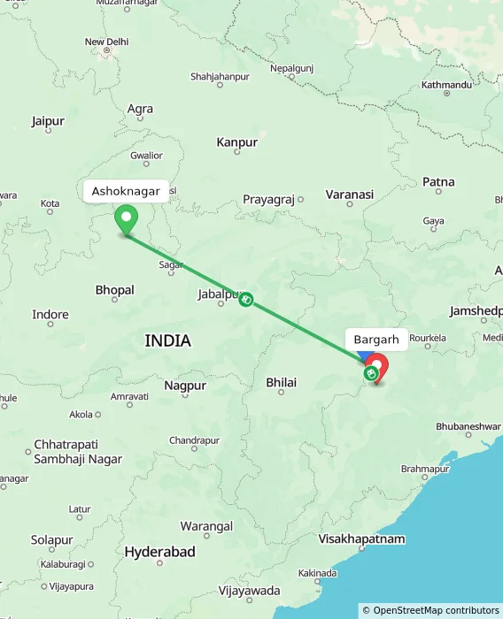 Route map showing distance and travel time from Ashoknagar, India to Bargarh, India